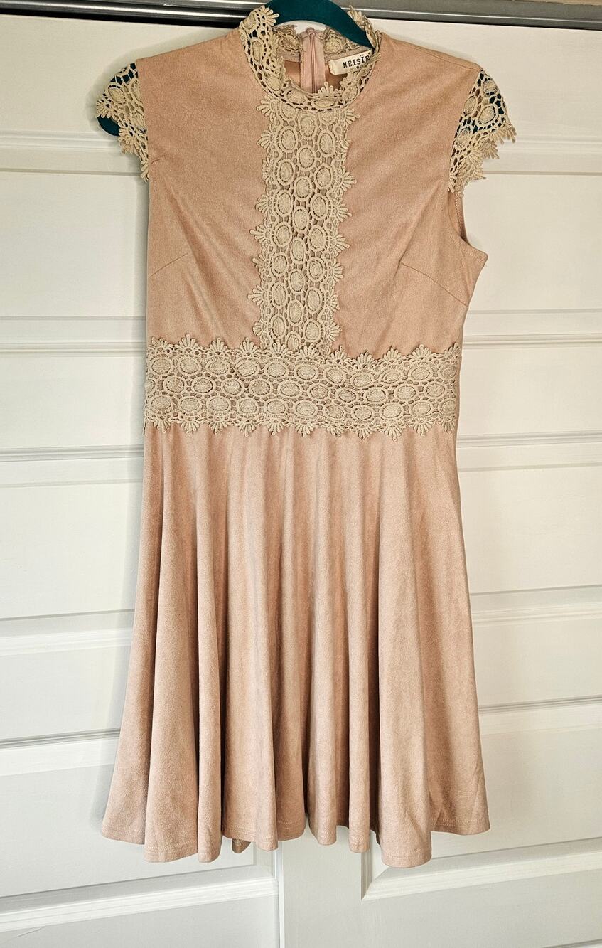 Meisie Pink Faux Suede Mock Neck Lace A-Line Dress Medium